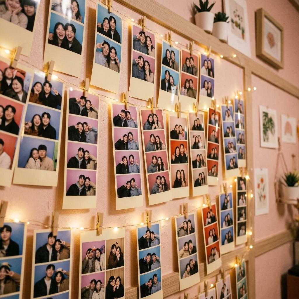 Memory wall with photobooth strips and fairy lights